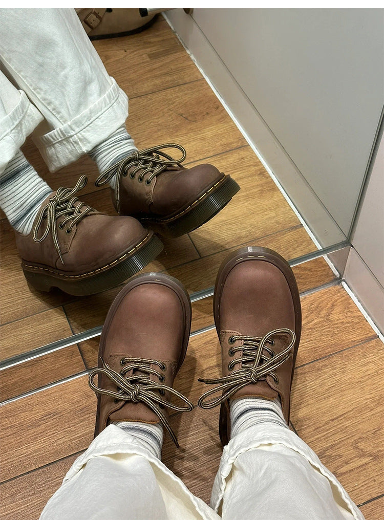 Women's Leather Round Head Thick-soled Muffin Leather Shoes