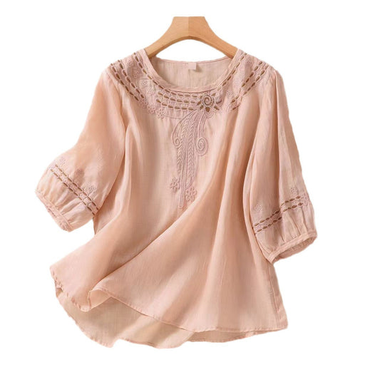 Vintage Cotton And Linen Embroidered Shirt Summer Half Sleeve