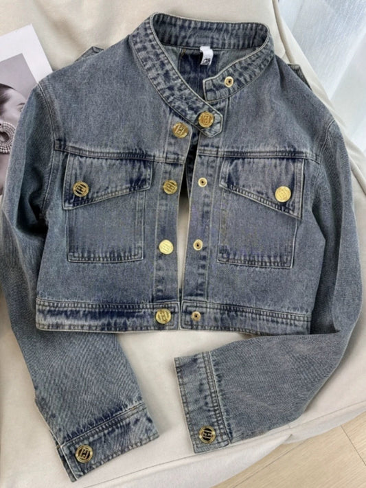 Design American Sweet Retro Personality Gold Button Short Denim Jacket For Women