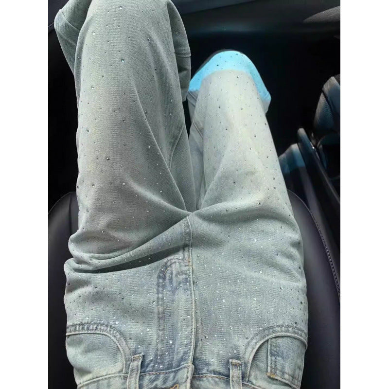 Straight Jeans For Women, Designer Rhinestones, High Waist, Loose And Slim, Drapey, Narrow Version Wide-leg Pants