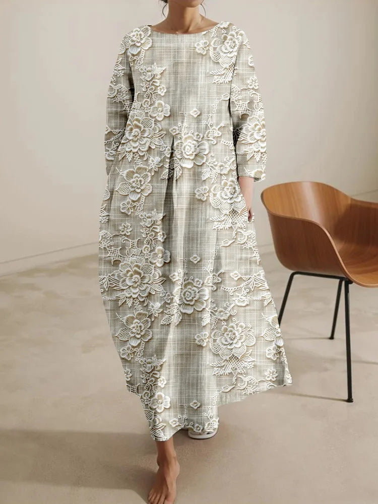 Flower Loose Round Neck Fashion Middle-sleeve Floral-print Dress