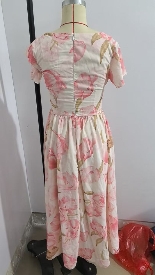 Short Sleeve V-neck Digital Printed Long Skirt Elastic Waist