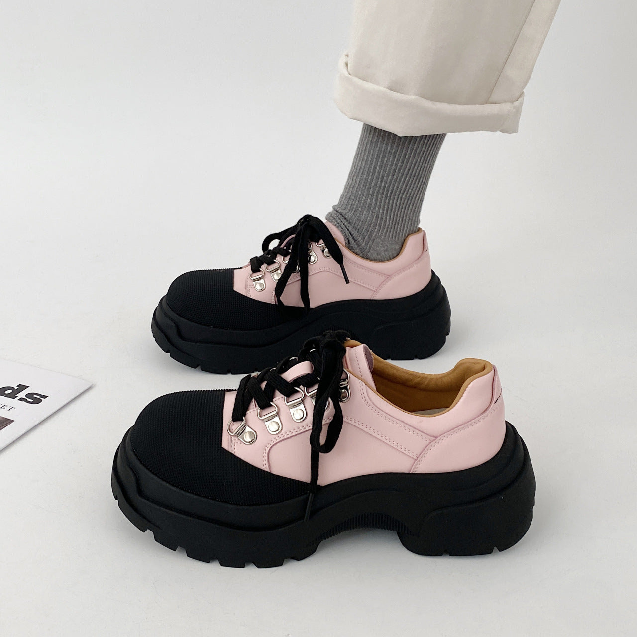 Platform Leather Shoes Women's Lace-up Thick Heel Shoes