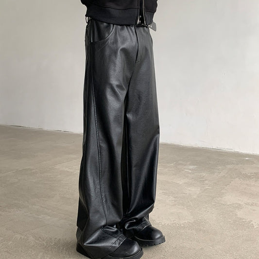 Retro PU Leather Men's Loose Fashion Straight Wide-leg Casual Pants