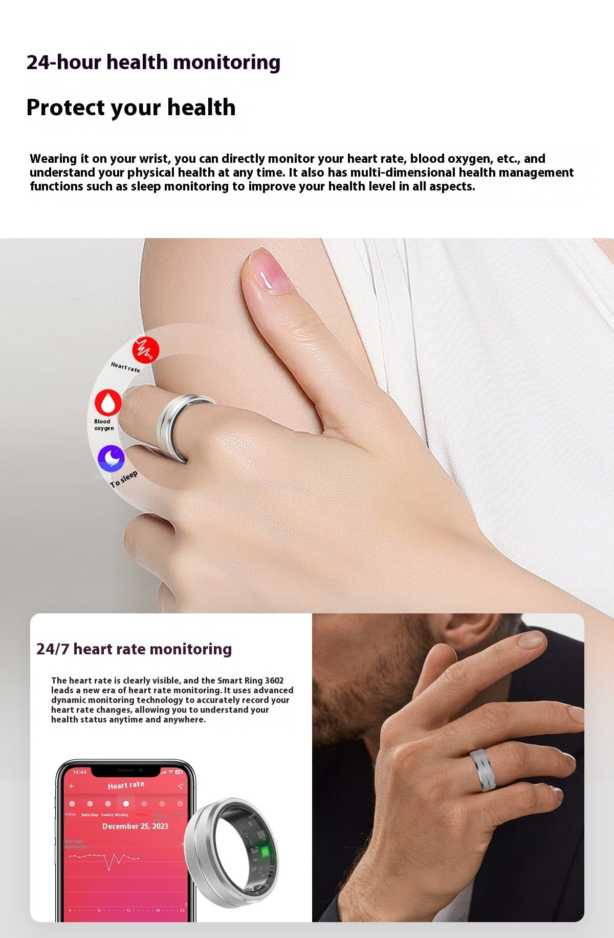 2025 Smart Ring For Men Women Heart Rate Blood Oxygen Monitoring Multi Sports Modes IP68 Waterproof Smart Rings