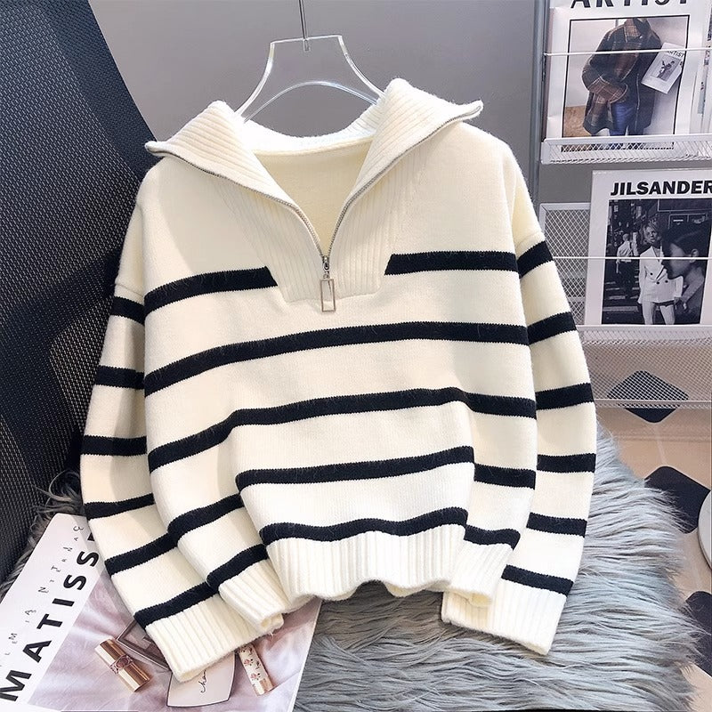 Striped Bottom Shirt, Short, Loose, And High-end For Outerwear