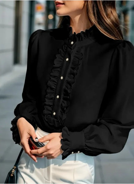 Fashionable Stand-up Collar Long-sleeved Shirt With Lotus Leaf Hem