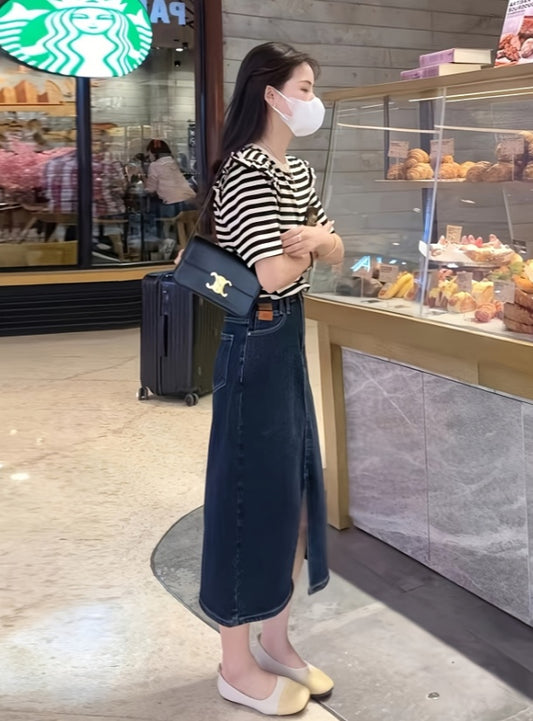 High Waist Split Denim Skirt Women's Spring And Summer Mid-length Hip-covering A-line Hip Skirt