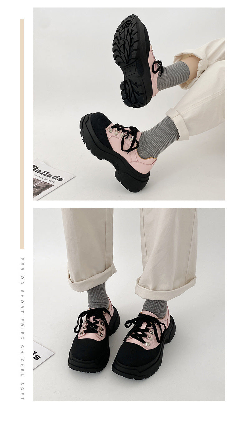 Platform Leather Shoes Women's Lace-up Thick Heel Shoes