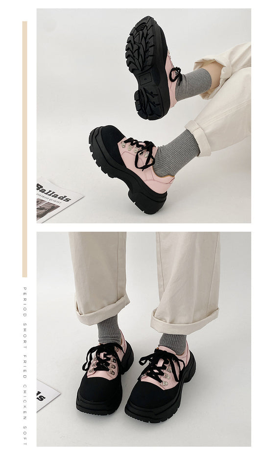 Platform Leather Shoes Women's Lace-up Thick Heel Shoes