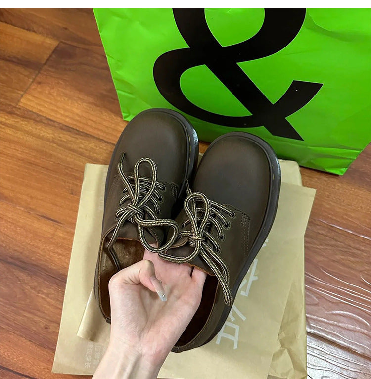 Women's Leather Round Head Thick-soled Muffin Leather Shoes