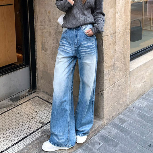 Crease Design Washed And Bleached Jeans For Women Straight Loose Floor-length Pear-shaped Wide-leg Trousers
