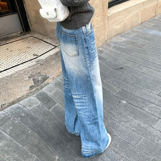 Crease Design Washed And Bleached Jeans For Women Straight Loose Floor-length Pear-shaped Wide-leg Trousers