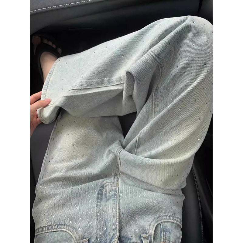 Straight Jeans For Women, Designer Rhinestones, High Waist, Loose And Slim, Drapey, Narrow Version Wide-leg Pants