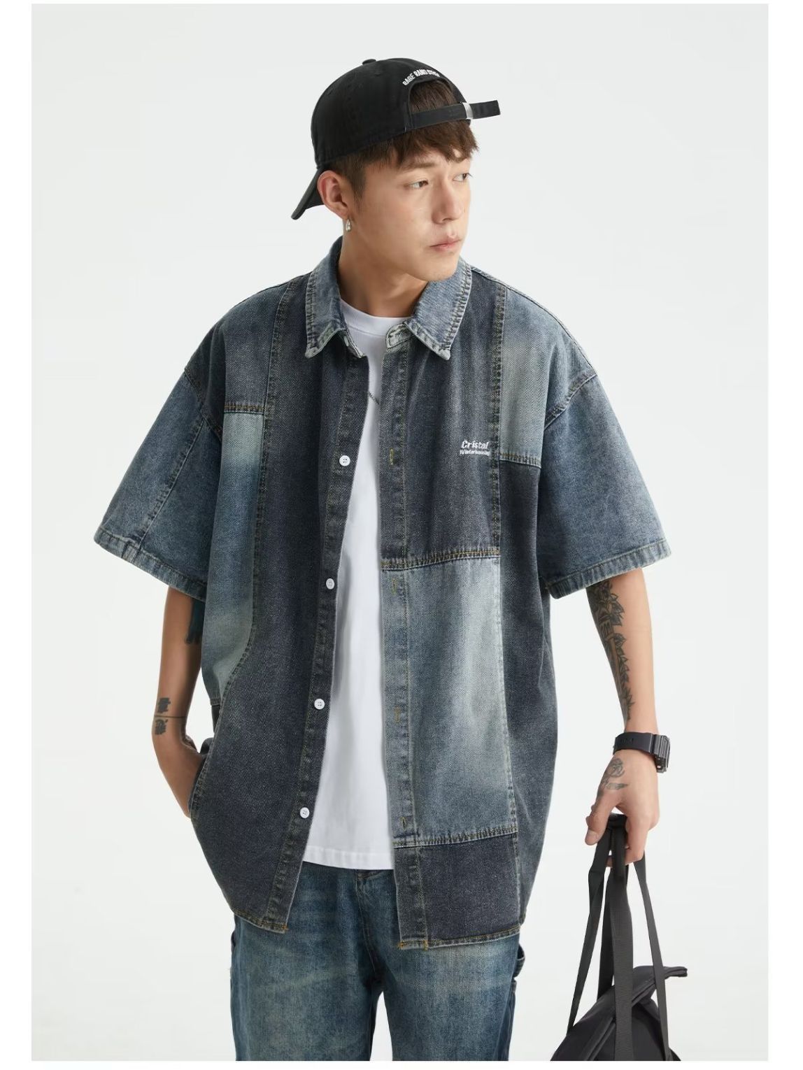 Japanese-style Retro Washed Stitching Denim Shirt Men