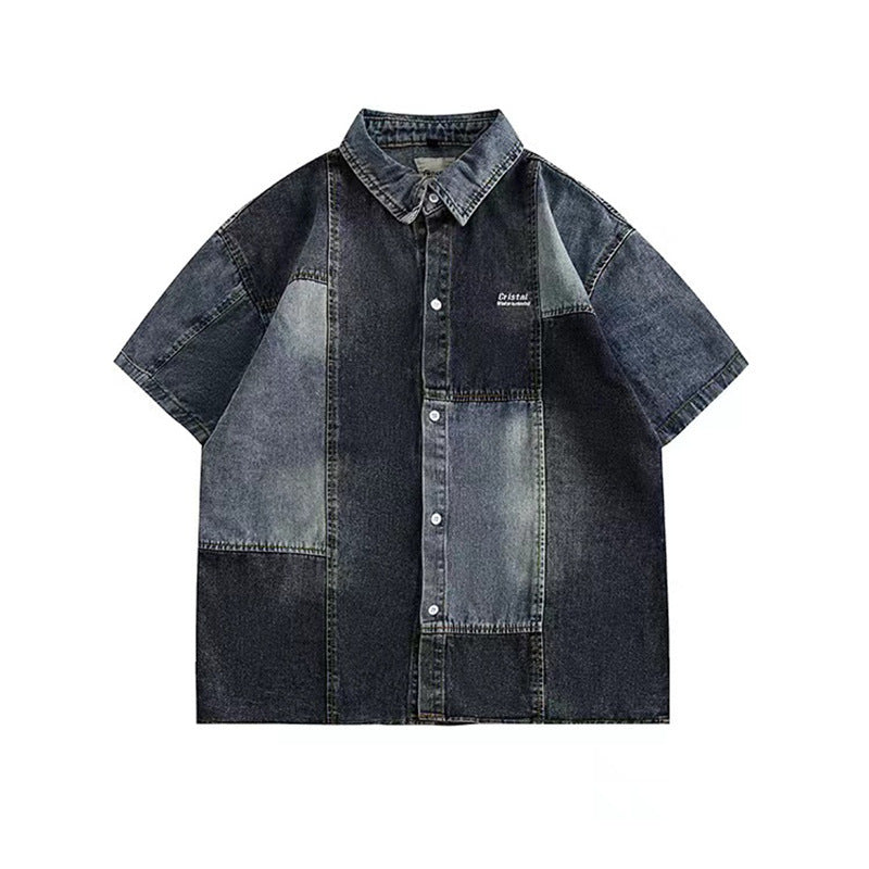 Japanese-style Retro Washed Stitching Denim Shirt Men