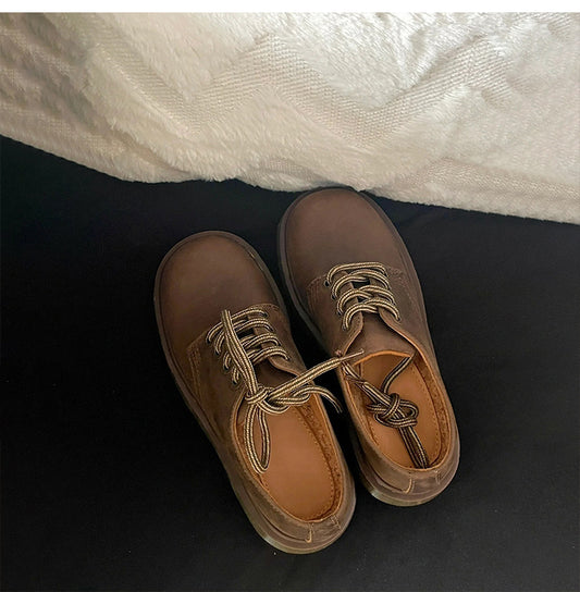 Women's Leather Round Head Thick-soled Muffin Leather Shoes