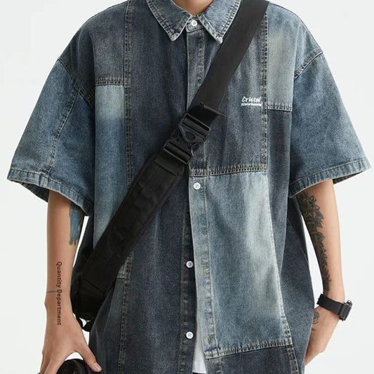 Japanese-style Retro Washed Stitching Denim Shirt Men