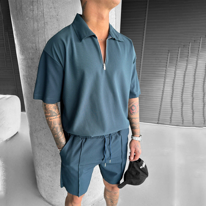 Men's Suits New Zipper Polo Casual Short Sleeve Drawstring Shorts Men's Combo