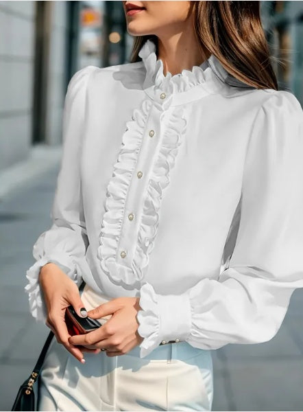 Fashionable Stand-up Collar Long-sleeved Shirt With Lotus Leaf Hem