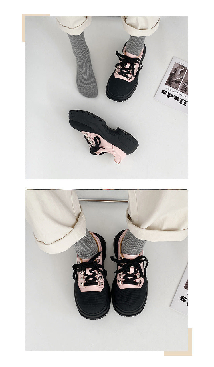 Platform Leather Shoes Women's Lace-up Thick Heel Shoes