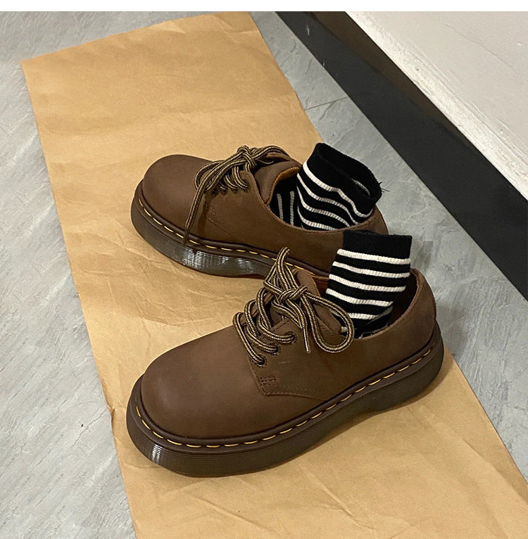 Women's Leather Round Head Thick-soled Muffin Leather Shoes