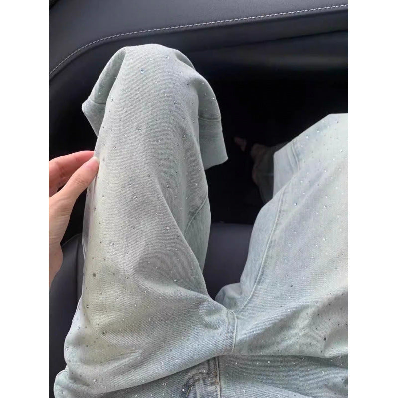 Straight Jeans For Women, Designer Rhinestones, High Waist, Loose And Slim, Drapey, Narrow Version Wide-leg Pants