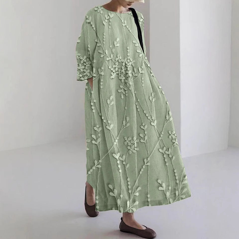 Flower Loose Round Neck Fashion Middle-sleeve Floral-print Dress
