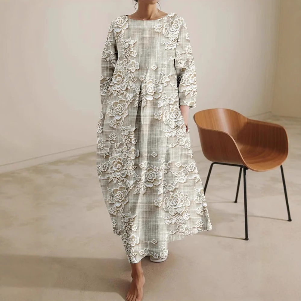 Flower Loose Round Neck Fashion Middle-sleeve Floral-print Dress