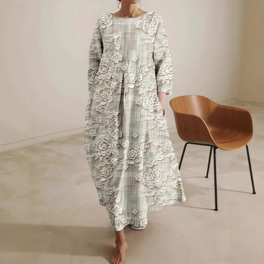 Flower Loose Round Neck Fashion Middle-sleeve Floral-print Dress