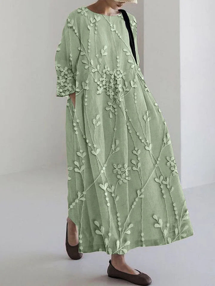 Flower Loose Round Neck Fashion Middle-sleeve Floral-print Dress