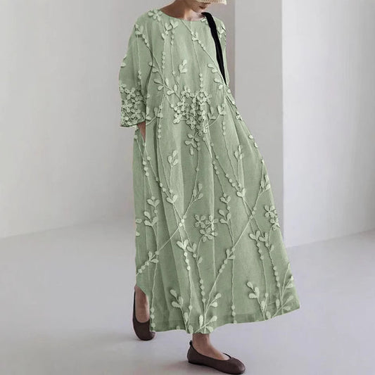 Flower Loose Round Neck Fashion Middle-sleeve Floral-print Dress