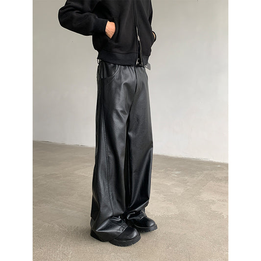 Retro PU Leather Men's Loose Fashion Straight Wide-leg Casual Pants