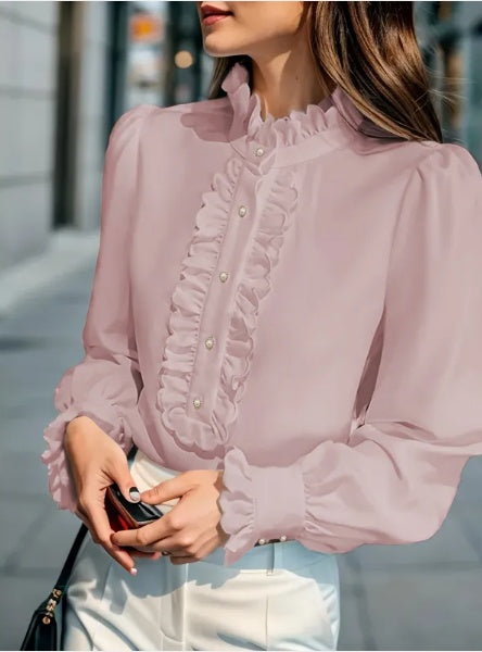 Fashionable Stand-up Collar Long-sleeved Shirt With Lotus Leaf Hem