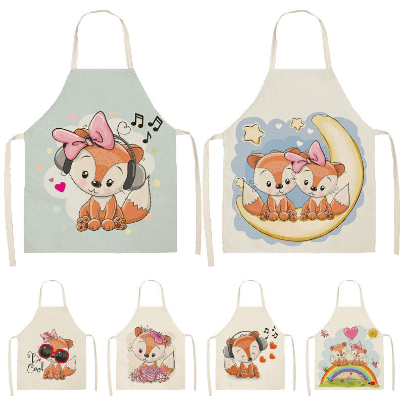 Kawaii Rainbow Fox Printed Cotton Linen Kitchen Apron