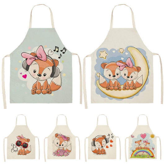 Kawaii Rainbow Fox Printed Cotton Linen Kitchen Apron