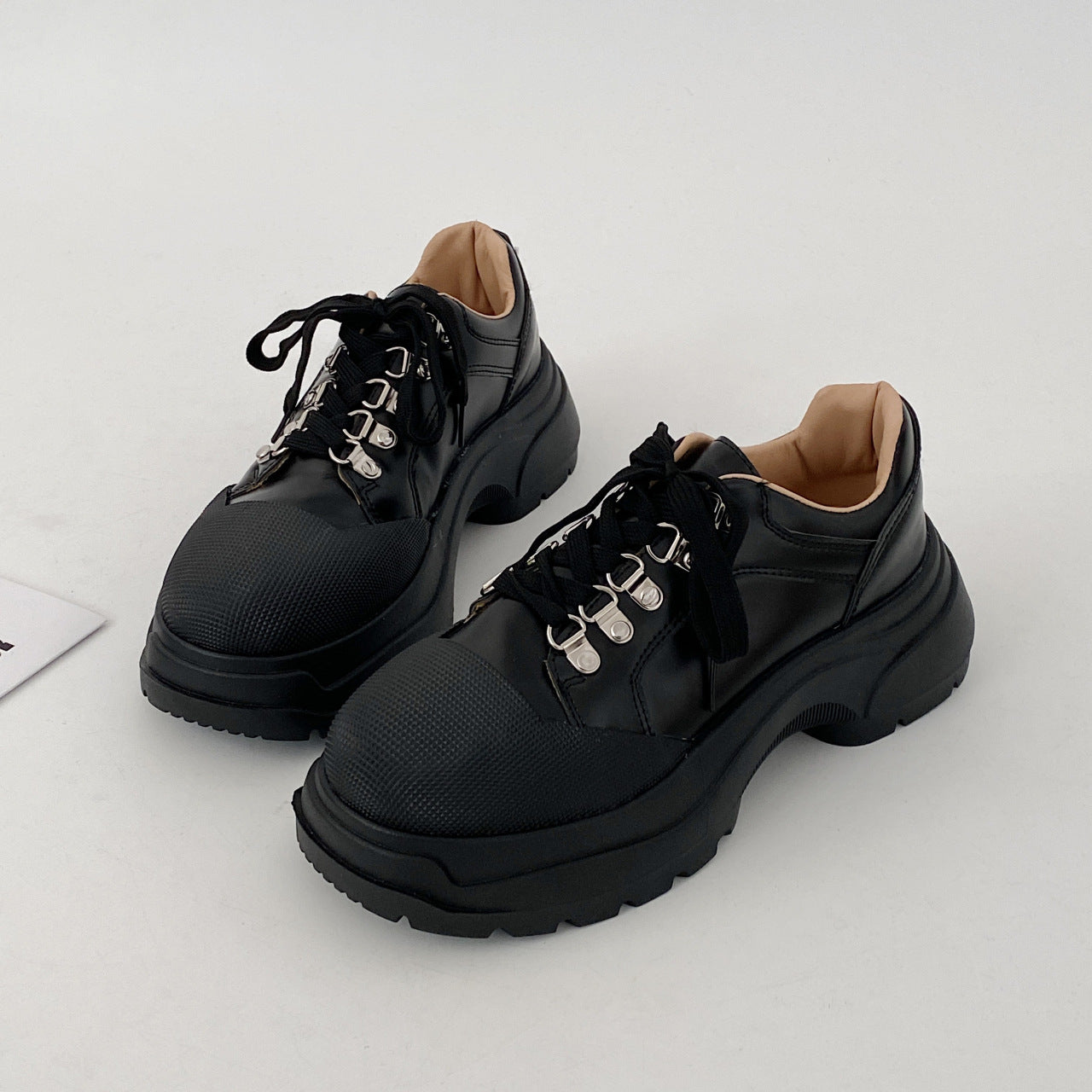 Platform Leather Shoes Women's Lace-up Thick Heel Shoes