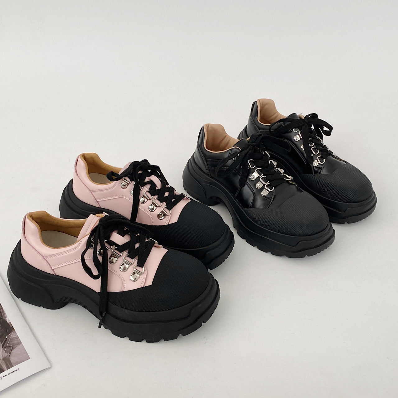 Platform Leather Shoes Women's Lace-up Thick Heel Shoes