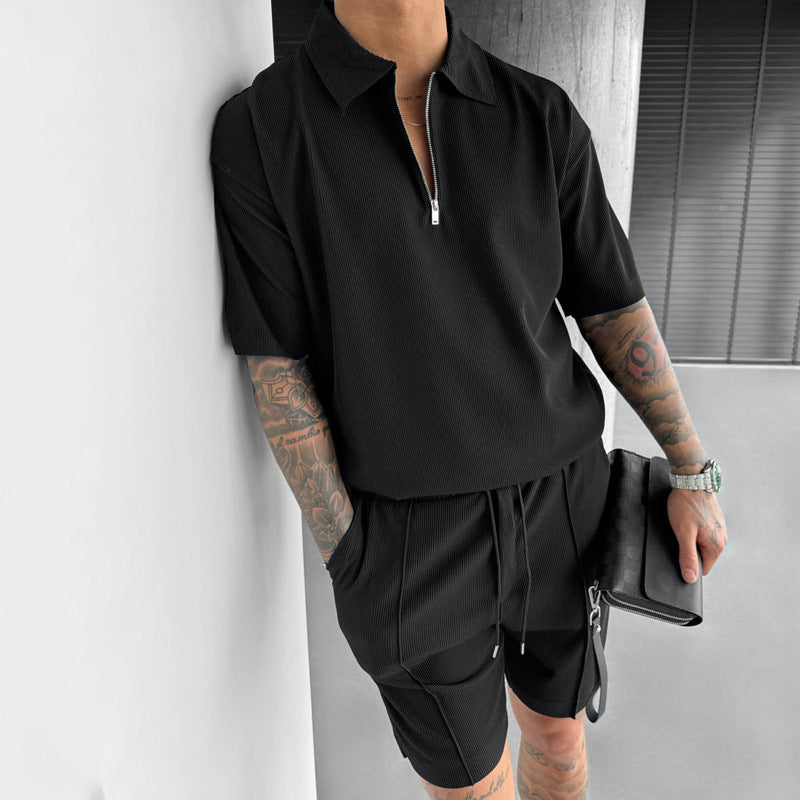 Men's Suits New Zipper Polo Casual Short Sleeve Drawstring Shorts Men's Combo