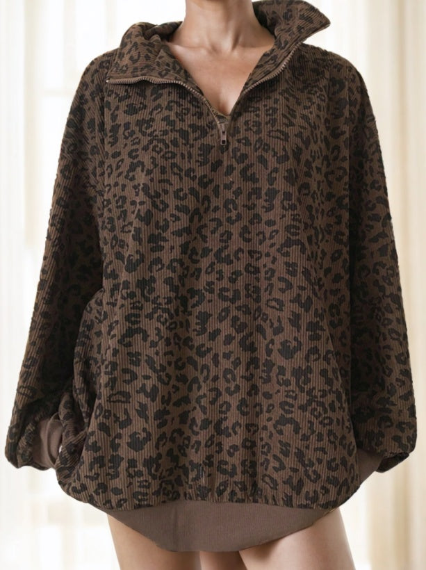 Women Casual Zip Up Front Long Sleeve Leopard Print Sweatshirt