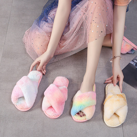 Fashion Cross Plush Casual Rainbow Slippers
