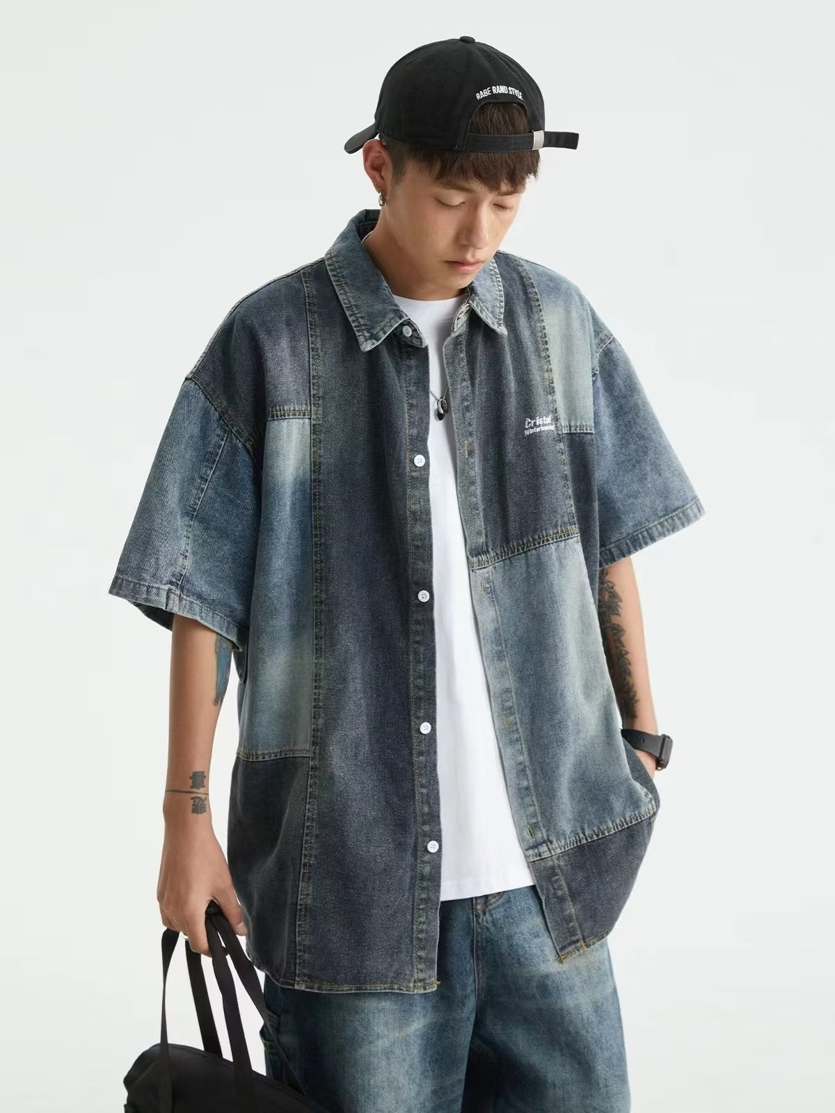 Japanese-style Retro Washed Stitching Denim Shirt Men