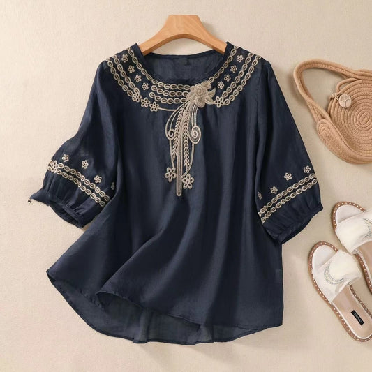 Vintage Cotton And Linen Embroidered Shirt Summer Half Sleeve