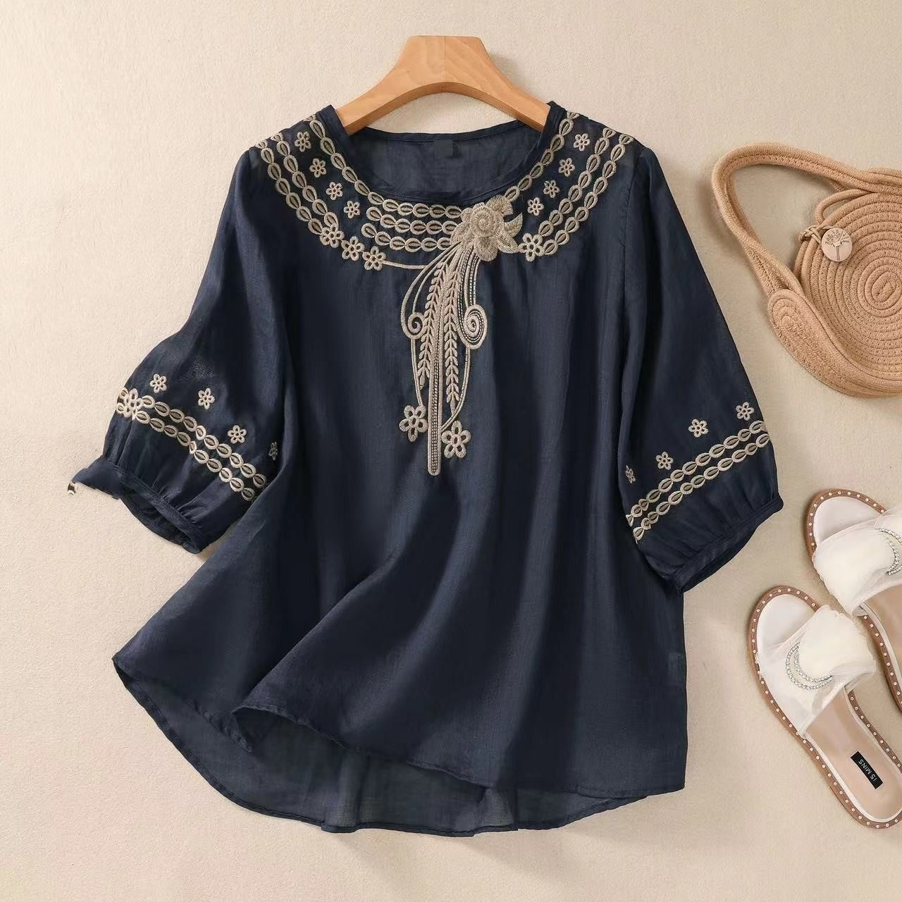 Vintage Cotton And Linen Embroidered Shirt Summer Half Sleeve