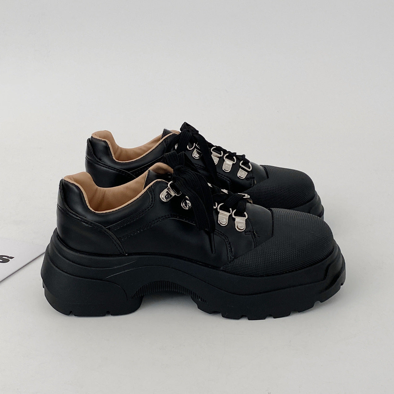 Platform Leather Shoes Women's Lace-up Thick Heel Shoes