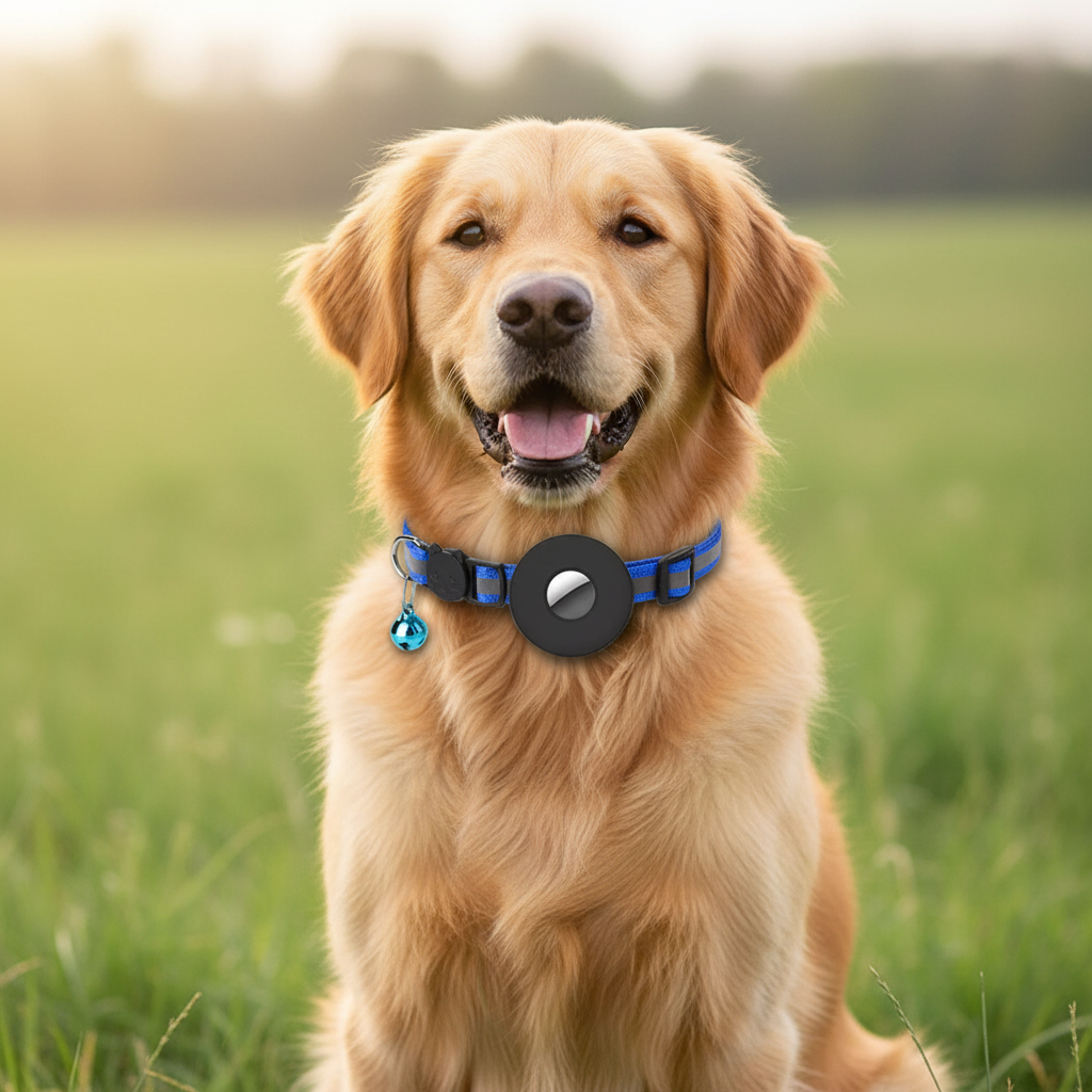 Dog wearing Reflective Collar with AirTag Holder