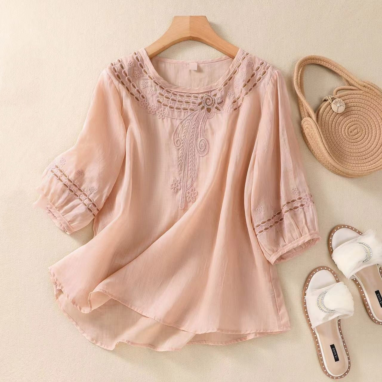 Vintage Cotton And Linen Embroidered Shirt Summer Half Sleeve