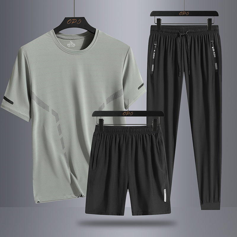 Men's Sports Short Sleeve  Pants Three-piece Thin Breathable
